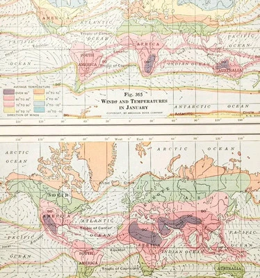 1920 Mapa Mundial Vientos Temperaturas Enero Julio Verano Invierno De Colección DWQ5 Foto 1 de 2