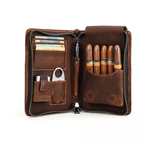 Genuine Leather Passport Cigar Case Travel Humidor Set Cutter Pocket box Brown - Bild 1 von 8