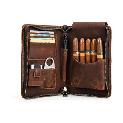 Genuine Leather Passport Cigar Case Travel Humidor Set Cutter Pocket box Brown - Image 1 of 4