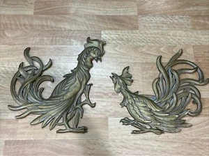 2 Vintage Cast Metal Fighting Roosters Chicken Figures Wall Decoration Decor 20” - Picture 1 of 11