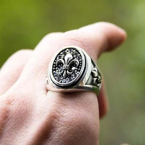 Amazing Pure 925 Sterling Silver Fleur De Lis Men's Fashion Fine White CZ Ring - Picture 1 of 6