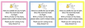 BABY SHOWER CANDLE FAVOUR LABELS / TAGS - STORK BABY GIRL BABY BOY UNISEX - Picture 1 of 7