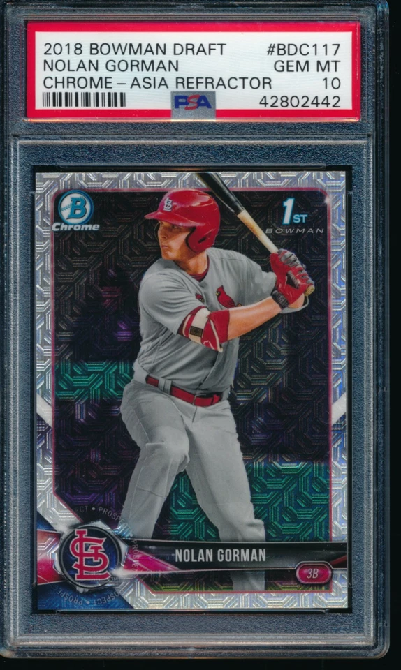 PSA 10 NOLAN GORMAN 1st 2018 Bowman Chrome Draft ASIA MOJO REFRACTOR RC GEM MINT - Image 1 of 1