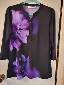 Susan Graver Womens S/M Top Blouse 3/4 Sleeve Black/Purple Floral Stretch Tunic - Picture 1 of 5