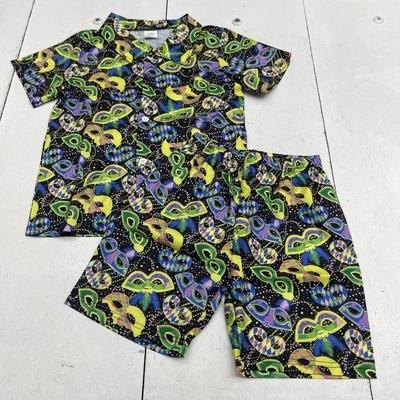 黑色和绿色多色狂欢节面具短袖和短裤套装男孩 6-7 — 第 1/4 张图片