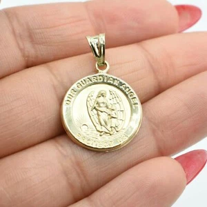 1" Textured Guardian Angel Medallion Pendant Real 10K Yellow Gold - Picture 1 of 7