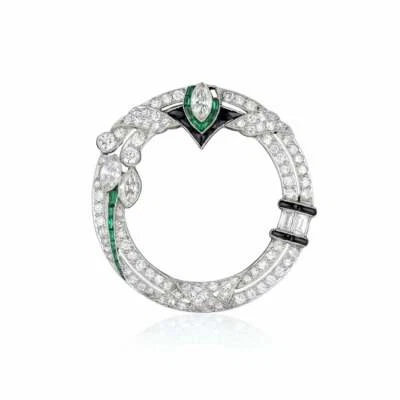 2.26CT Simulated Black Onyx, Emerald & CZ Open Circle Design Women's Brooch Pin - Image 1 of 4
