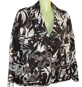 Chicos Silk Jacket White Brown Black Embroidered SZ 2 w Flap Pockets Lined MED - Picture 1 of 7