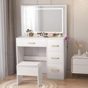 Dressing Table LED Light Set with Charging Station+Drawers &Stool Set White 90cm - Picture 1 of 7