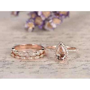 Natural Morganite 1.00Ct Pear Cut Trio Set Engagement Ring 14K Rose Gold Finish - Picture 1 of 5