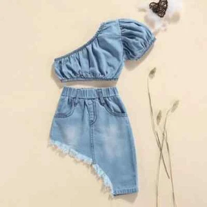 Girls Denim Clothes Short Sleeve Off-shoulder Cropped Tops Irregular Hem Skirt - Picture 1 of 8