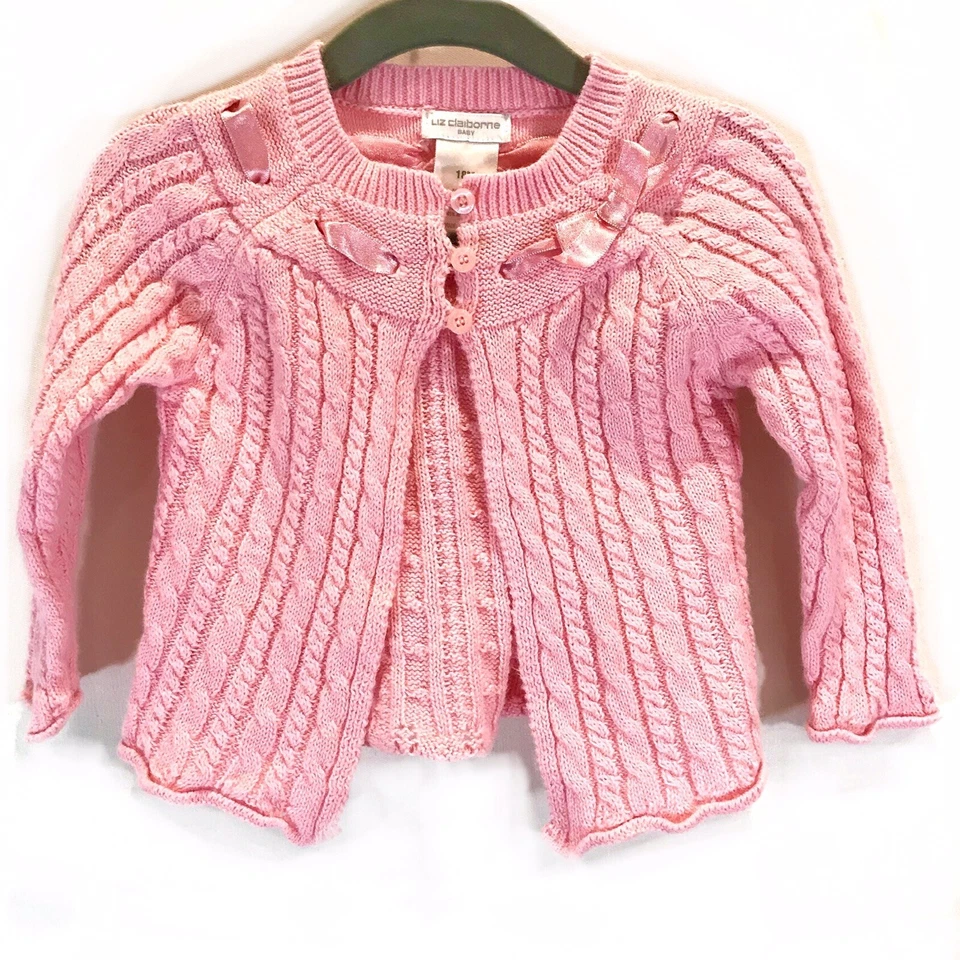 Cárdigan Liz Claiborne Bebé Rosa Crochet Frente Abierto Rosa Lazo Cinta Talla 18 Mos Foto 1 de 4