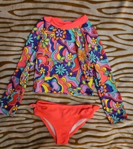 Girls Neon Flowered Retro Long Sleeve 2 Piece Swimsuit Swimshirt Size 7 Meduim - Picture 1 of 4