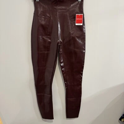 SPANX Imitación Cuero Charol Leggings Pantalones Mediano Alto Granate Tiro Alto 20301R Foto 1 de 4