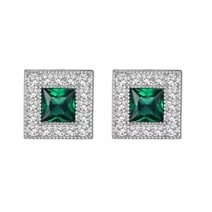 Ladies Sterling 925 Solid Silver White Sapphire & 1.5 Carat Emerald Earrings - Picture 1 of 4