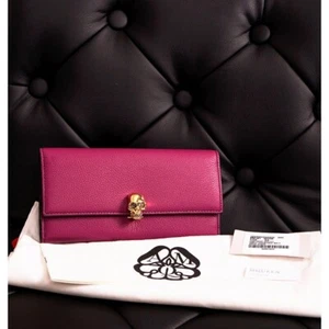 NEW $650 ALEXANDER MCQUEEN Dk Pink Leather Silver SKULL Continental LONG WALLET - Picture 1 of 19