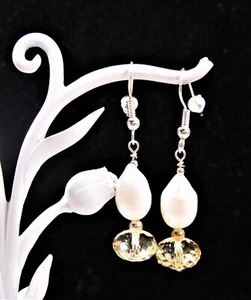 Fancy 925 Sterling Silver Faceted AAA Quality Citrine & Pearl Earrings F59 - Picture 1 of 2