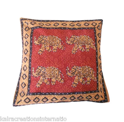 Cushion Covers Indian Handmade Kantha Animal Block Print Pillow Cover 16" 2 Pcs - Image 1 of 4