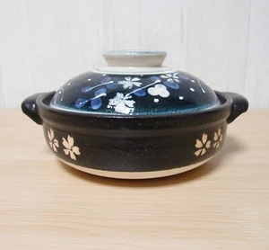 Sukiyaki Japanese Pot Donabe Earthenware Nabe Cherry Blossom Black 800ml Japan - Picture 1 of 12