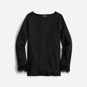 NWT J CREW Black Feather Trim Long Sleeve Shirt Top Sz M - Picture 1 of 4