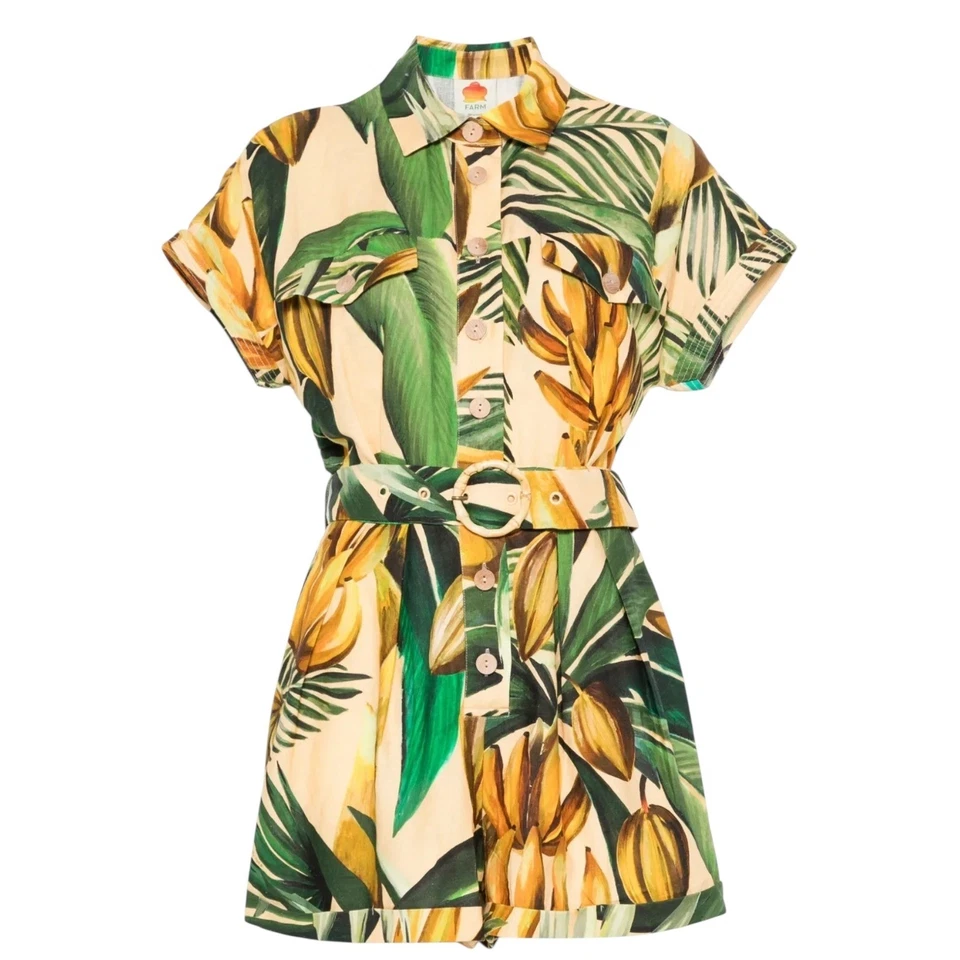 Mono mameluco tropical pequeño con estampado de hojas de plátano y cinturón FARM Rio para mujer Foto 1 de 4