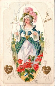 AL MIO SAN VALENTINO un gettone d'amore DONNA CON COLOMBA in rilievo c1914 cartolina - Foto 1 di 2