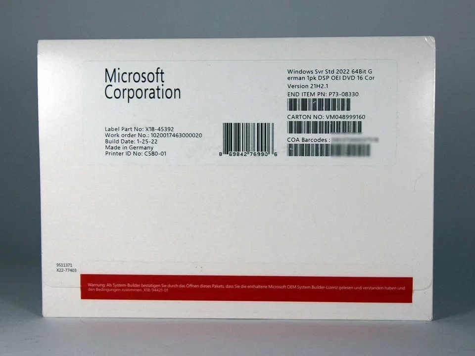 Microsoft Windows Server 2022 Standard Server-Software - Englisch DEUTSCH INTE - Bild 1 von 1