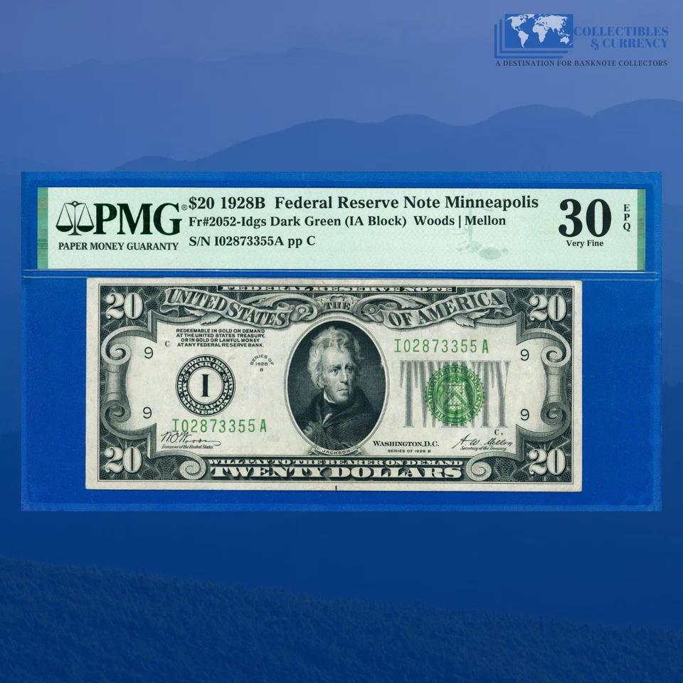 Fr.2052-I 1928 $20 FRN MINNEAPOLIS, Gold Clause, PMG VF 30 EPQ #73355 - Image 1 of 3