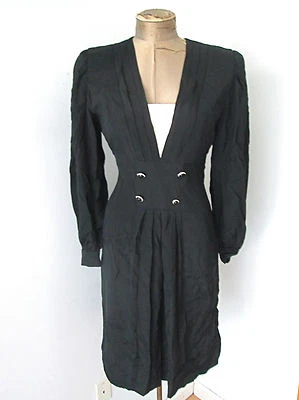 Vintage 80's Adele Simpson black satin tuxedo dress big shoulders Sz 8 - Image 1 of 4