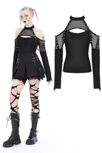 DARK IN LOVE Black Gothic Punk Locomotive Net Cutout Top Steampunk Women T-Shirt - Picture 1 of 19