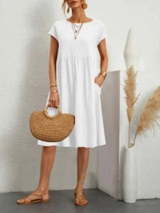 Women's Solid Color Cotton Linen Round Neck A-Line Dress - Picture 1 of 12