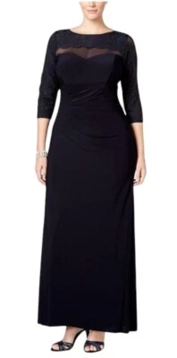 Xscape Dress Women 10 Petite Navy Blue Ruched Long Lace Sleeve Gown Cocktail - Image 1 of 4