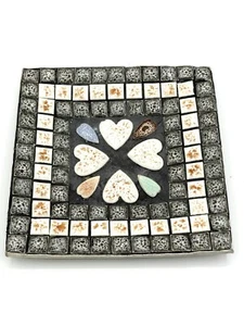 MCM Vintage Mosaic Square Tile Trinket Dish Hearts Squares Gray White Pink Green - Picture 1 of 8