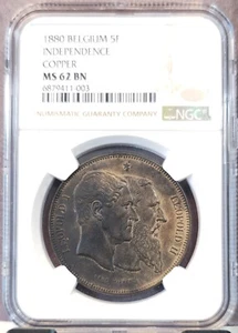 1880 BELGIUM 5 FRANCS INDEPENDENCE COPPER NGC MS 62 BN SCARCE - Picture 1 of 3