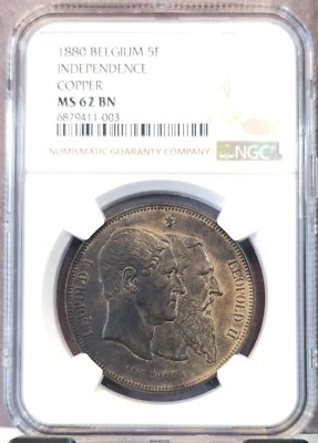 1880 BÉLGICA 5 FRANCOS INDEPENDENCIA COBRE NGC MS 62 BN ESCASO Foto 1 de 3
