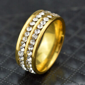 Big 2-Row Full Crystal Gold Band Ring Jewelry for Womens Mens Wide 8mm Size 6
