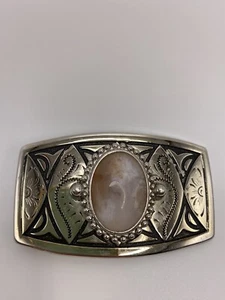 WESTERN Cowboy Silver Tone Engraved Belt Buckle Brown/White Quartz Stone - Picture 1 of 4