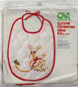 Vintage 1975 Crewel Christmas Idea Kit Reindeer Baby Bib Sealed Deer Fawn - Picture 1 of 2