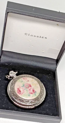ENGLISH ROSE Mens Silver Tone Floral Ornate Design Pocket Watch VGC & Working - Image 1 of 4