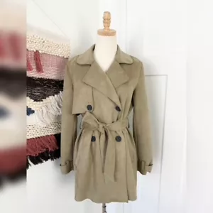 ZARA Faux Suede Short Double-Breasted Trench Coat Olive Green Sz XS - Picture 1 of 12