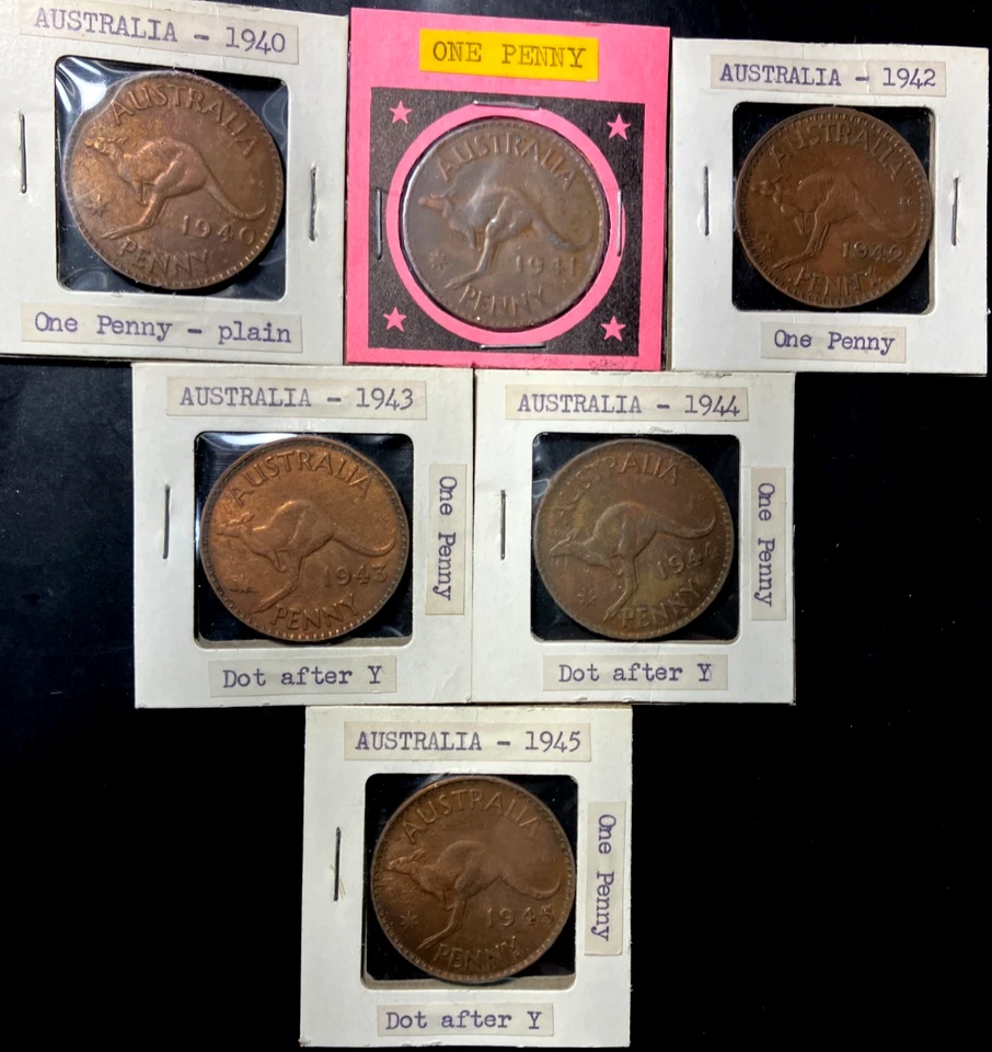 Old Australia Coin Lot - 1940-1945  - WW2 DATE RUN - 6 LARGE PENNIES - Lot #N12 - Image 1 of 1