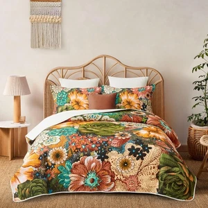 Boho Floral Quilt Sets King Size Reversible Mid Century Quilt Bedding Set Boh... - Picture 1 of 8