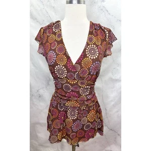 Vintage Sweet Pea Mesh Top blouse sz L Y2K Floral Wrap Ruched Purple Made in USA - Picture 1 of 14