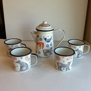 Folklore Woodland Watercolor Nina Jarema Enamel Metal Teapot & 4 Bear Mugs - Picture 1 of 16