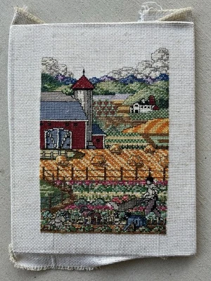Vintage Cross Stitch Barn Farm Scene Decor COMPLETE Ready to Frame - Image 1 of 4