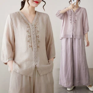 Women Cotton Linen 2pcs Set Loose Embroidery Top Wide Leg Pants Oversized Casual - Picture 1 of 28