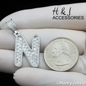 MEN WOMEN 925 STERLING SILVER ICY BAGUETTE CZ 3D INITIAL LETTER "N" PENDANT*A412 - Picture 1 of 4