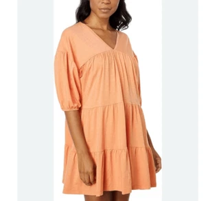 NWT Sundry Mini Dress Womens 1 Small Orange Tiered V-Neck Short Puff Sleeve Knit - Picture 1 of 13