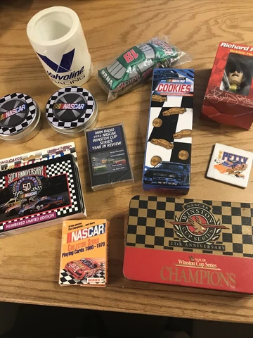Assorted NASCAR Lot of 6: Playing Cards, Cozy, Tins, Richard Petty Bobblehead Cover