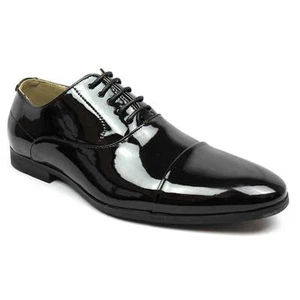 New Men's Black Tuxedo Cap Toe Lace Up Oxford Dress Shoes Shiny Patent By AZAR  - Picture 1 of 7